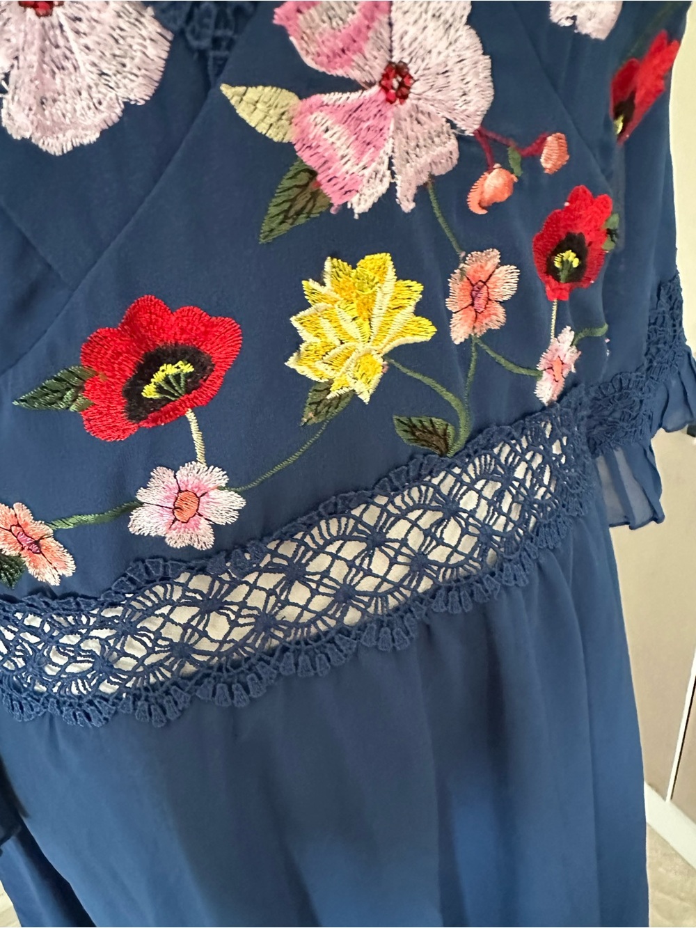 Cottagecore Boho Navy Floral Embroidered Crochet Lace Dress 8 Romantic Fairycore - Picture 5 of 14